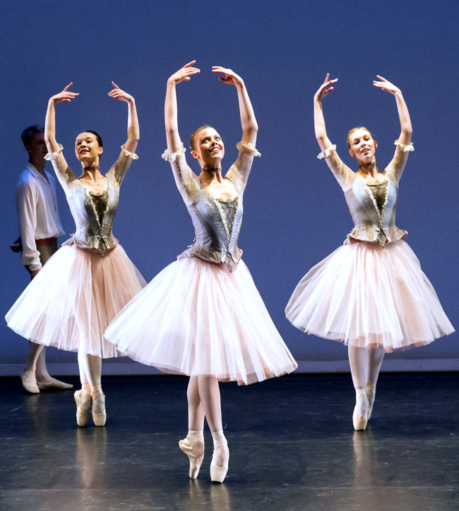 Gina Storm-Jensen (centre) Pas de Douze Swan Lake, Linbury Theatre. Royal Ballet School Performance. Photo Johan Persson